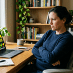 Person sitzt an einem Schreibtisch und schaut skeptisch auf einen Laptop-Bildschirm mit auffälligen Finanzinhalten und Grafiken. Nachdenklicher und vorsichtiger Gesichtsausdruck, leicht zurückgelehnt.