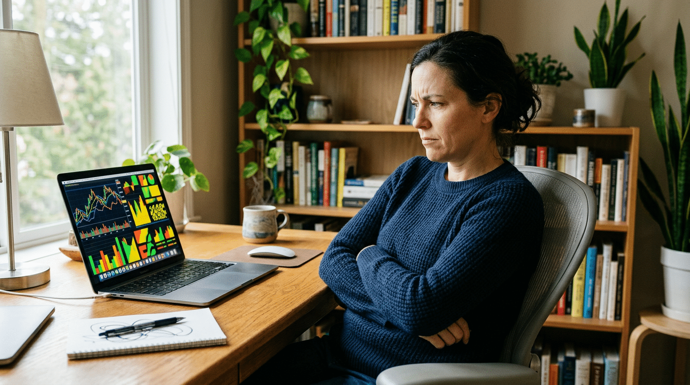 Krypto Kurse 1 - Webinare und Kurse Person sitzt an einem Schreibtisch und schaut skeptisch auf einen Laptop-Bildschirm mit auffälligen Finanzinhalten und Grafiken. Nachdenklicher und vorsichtiger Gesichtsausdruck, leicht zurückgelehnt.