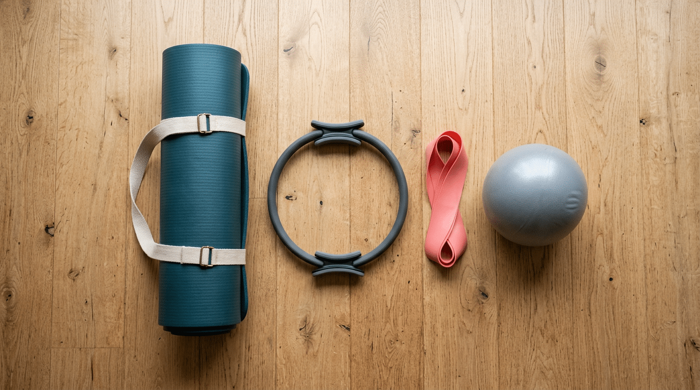 Mehrere Pilates- und Fitnesshilfsmittel liegen ordentlich auf einem hellen Holzboden: eine zusammengerollte Matte, ein Pilates-Ring, ein elastisches Trainingsband und ein kleiner Gymnastikball. Die minimalistische Anordnung eignet sich für Themen wie Pilates zu Hause, Mattenübungen, sanftes Ganzkörpertraining, Fitnessausstattung und flexible Workouts im eigenen Wohnzimmer.