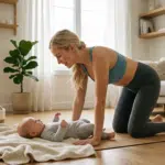 Eine Mutter macht auf einer Matte eine sanfte Übung im Vierfüßlerstand, während ihr Baby vor ihr auf einer Decke liegt. Die helle Wohnzimmeratmosphäre zeigt, wie Rückbildung und Babyzeit miteinander verbunden werden können. Die Szene eignet sich für Rückbildungskurse, Training mit Baby, sanfte Kräftigung nach der Geburt und Übungen für den Alltag zu Hause.