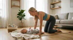 Eine Mutter macht auf einer Matte eine sanfte Übung im Vierfüßlerstand, während ihr Baby vor ihr auf einer Decke liegt. Die helle Wohnzimmeratmosphäre zeigt, wie Rückbildung und Babyzeit miteinander verbunden werden können. Die Szene eignet sich für Rückbildungskurse, Training mit Baby, sanfte Kräftigung nach der Geburt und Übungen für den Alltag zu Hause.