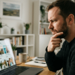Ein Mann sitzt nachdenklich vor einem Laptop und betrachtet eine Website mit Kurs- oder Lifestyle-Angeboten. Seine konzentrierte Haltung vermittelt Unsicherheit und kritisches Abwägen vor einer Entscheidung. Das Bild eignet sich für Themen wie Onlinekurse bewerten, Schnell-reich-werden-Angebote hinterfragen, seriöse Weiterbildung erkennen und Verbraucherschutz im Internet.