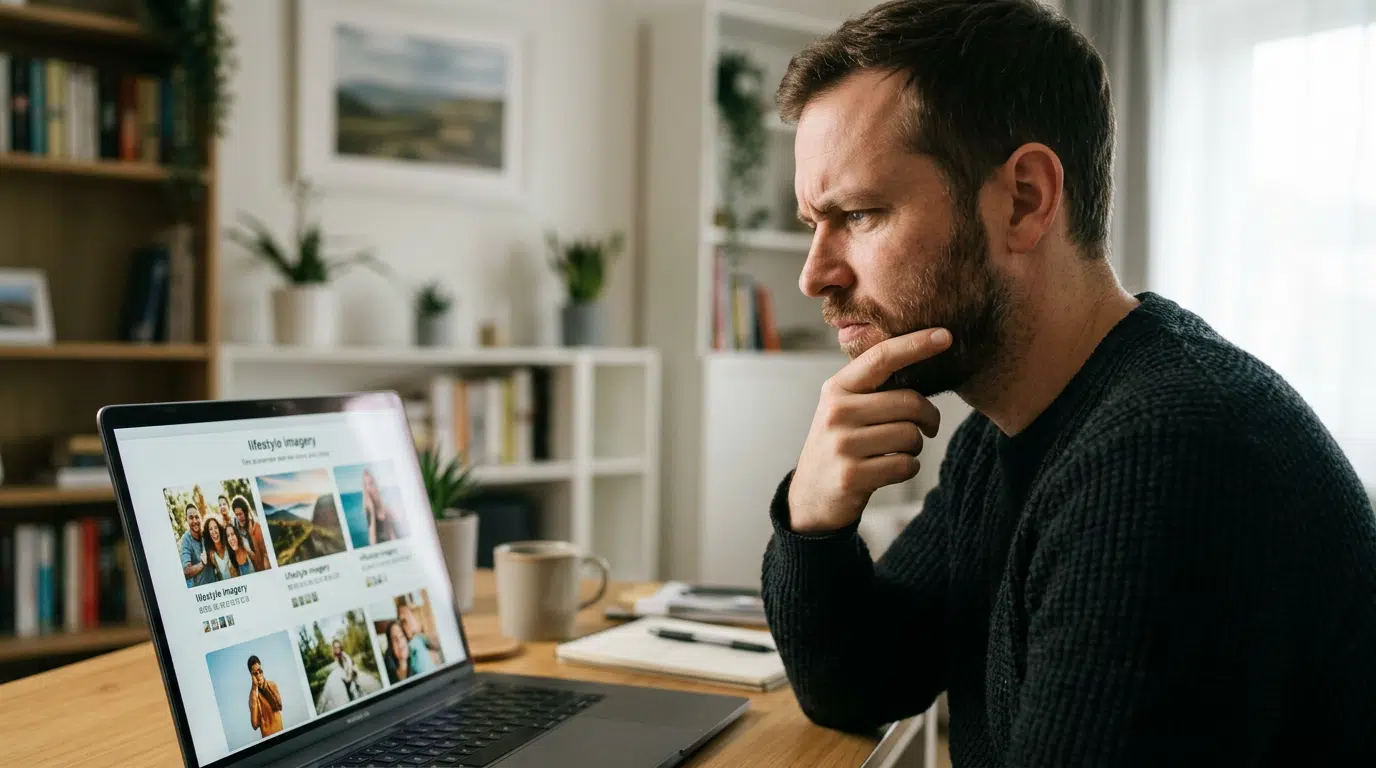 Ein Mann sitzt nachdenklich vor einem Laptop und betrachtet eine Website mit Kurs- oder Lifestyle-Angeboten. Seine konzentrierte Haltung vermittelt Unsicherheit und kritisches Abwägen vor einer Entscheidung. Das Bild eignet sich für Themen wie Onlinekurse bewerten, Schnell-reich-werden-Angebote hinterfragen, seriöse Weiterbildung erkennen und Verbraucherschutz im Internet.