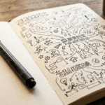 Ein geöffnetes Notizbuch liegt auf einem Holztisch und zeigt zahlreiche handgezeichnete Symbole, Pfeile, kleine Figuren und Schriftzüge im Sketchnote-Stil. Daneben liegt ein schwarzer Fineliner. Die Szene eignet sich für Themen wie Sketchnotes erstellen, visuelles Denken, kreative Notizen, Ideen strukturieren und einfache Zeichentechniken lernen.
