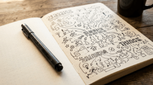Ein geöffnetes Notizbuch liegt auf einem Holztisch und zeigt zahlreiche handgezeichnete Symbole, Pfeile, kleine Figuren und Schriftzüge im Sketchnote-Stil. Daneben liegt ein schwarzer Fineliner. Die Szene eignet sich für Themen wie Sketchnotes erstellen, visuelles Denken, kreative Notizen, Ideen strukturieren und einfache Zeichentechniken lernen.