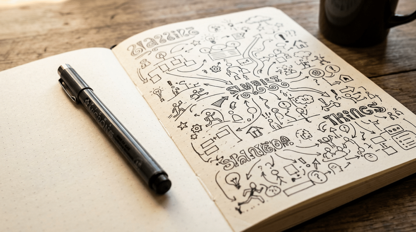 Ein geöffnetes Notizbuch liegt auf einem Holztisch und zeigt zahlreiche handgezeichnete Symbole, Pfeile, kleine Figuren und Schriftzüge im Sketchnote-Stil. Daneben liegt ein schwarzer Fineliner. Die Szene eignet sich für Themen wie Sketchnotes erstellen, visuelles Denken, kreative Notizen, Ideen strukturieren und einfache Zeichentechniken lernen.