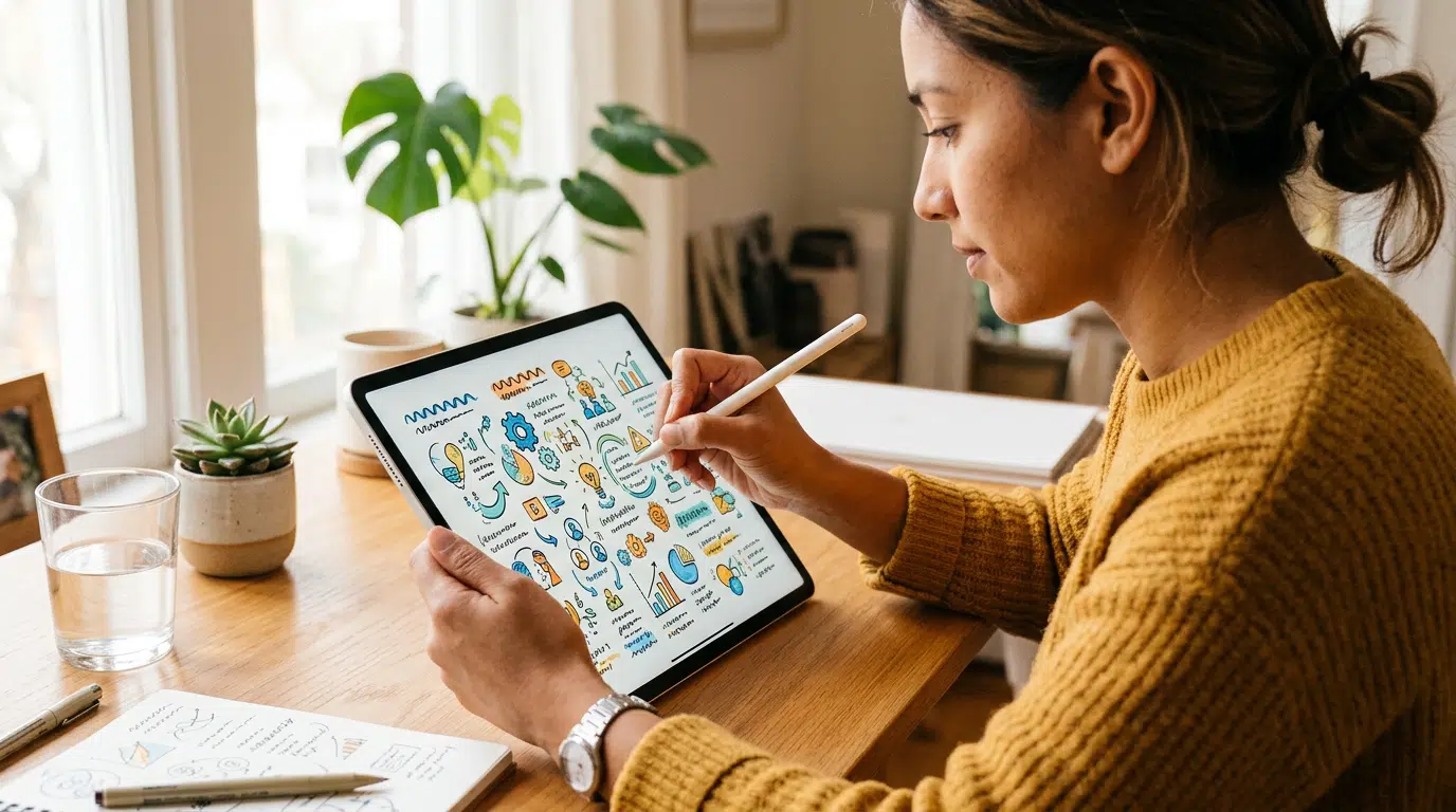 Eine Frau zeichnet mit einem digitalen Stift farbige Sketchnotes auf einem Tablet. Auf dem Tisch stehen ein Glas Wasser, Pflanzen und weitere Zeichenmaterialien. Die ruhige Arbeitsatmosphäre zeigt modernes, digitales Visualisieren und passt zu Sketchnotes, visueller Kommunikation, kreativer Ideenentwicklung und digitalem Zeichnen.
