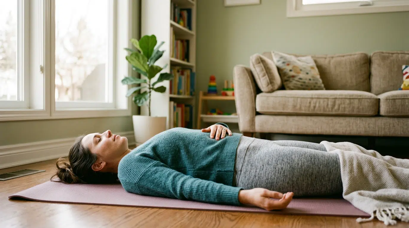 Eine Frau liegt entspannt auf einer Yogamatte im Wohnzimmer und hat eine Hand auf dem Bauch. Die ruhige Haltung, die Decke und die wohnliche Umgebung vermitteln Erholung, Körperwahrnehmung und sanfte Entspannung. Das Bild passt zu Themen wie Rückbildung nach der Geburt, Beckenbodenwahrnehmung, Atemübungen, Regeneration und achtsames Training zu Hause.