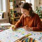 Junge Frau sitzt lächelnd an einem Holztisch und gestaltet farbige Lernnotizen, Mindmaps und Skizzen mit Markern und Stiften in einem hellen, kreativ eingerichteten Zimmer mit Pflanzen, Bücherregal und natürlichem Tageslicht.