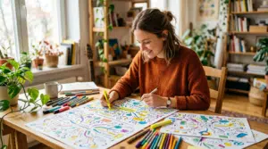 Junge Frau sitzt lächelnd an einem Holztisch und gestaltet farbige Lernnotizen, Mindmaps und Skizzen mit Markern und Stiften in einem hellen, kreativ eingerichteten Zimmer mit Pflanzen, Bücherregal und natürlichem Tageslicht.
