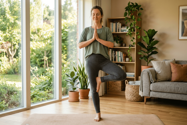 Frau in grünem T-Shirt und grauer Leggings steht mit geschlossenen Augen in der Baum-Pose auf einer Kork-Yogamatte, Hände vor der Brust in Namaste-Haltung. Im Hintergrund ein helles Wohnzimmer mit großer Fensterfront zum Garten, Holzregal mit Büchern, Zimmerpflanzen und einem grauen Sofa.