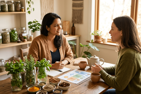 Zwei Frauen führen ein Ayurveda-Ernährungsberatungsgespräch an einem Holztisch: eine Beraterin im braunen Cardigan mit Notizbuch, eine Klientin im grünen Pullover mit Teetasse. Auf dem Tisch ein Dosha-Infoblatt, frische Kräuter im Glas, mehrere Gewürzschälchen und eine Teekanne. Im Hintergrund Regale mit Kräutergläsern und Zimmerpflanzen.