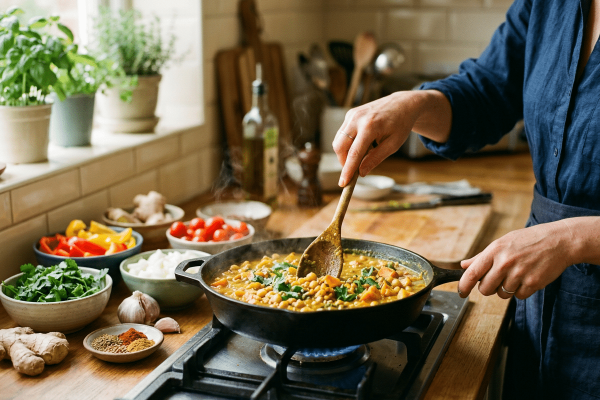 Person im blauen Hemd rührt mit einem Holzlöffel in einer dampfenden gusseisernen Pfanne mit gelbem Linsen-Curry auf einem Gaskocher. Daneben mehrere Schälchen mit frischen Zutaten wie Paprika, Tomaten, Koriander, Zwiebeln sowie Ingwer, Knoblauch und Gewürzen auf einer Holzarbeitsfläche.