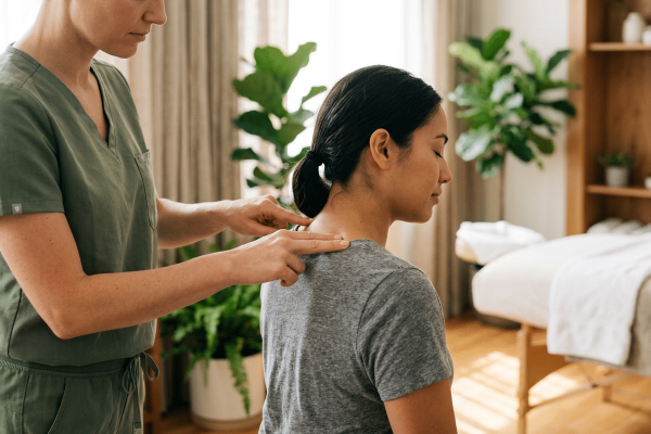 Therapeutin im grünen Kasack massiert konzentriert den Nacken- und Schulterbereich einer sitzenden Frau im grauen T-Shirt. Im Hintergrund ein heller, pflanzenreicher Behandlungsraum mit einer Massageliege.