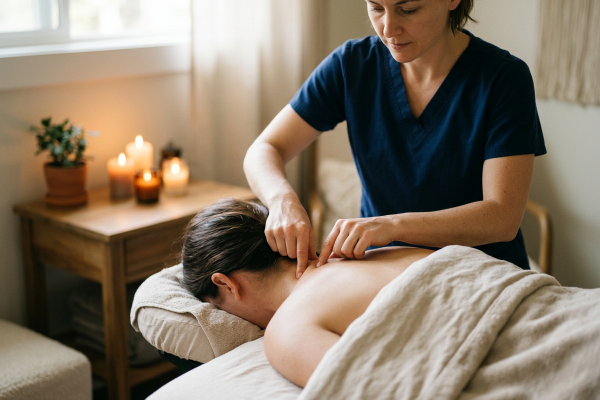 Therapeutin im dunkelblauen Kasack stimuliert konzentriert Marmapunkte im Nacken- und Schulterbereich einer liegenden Klientin mit den Fingerspitzen. Im Hintergrund ein stimmungsvoller Behandlungsraum mit mehreren brennenden Kerzen und einer Pflanze auf einem Holzbeistelltisch.
