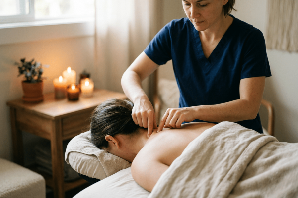 Therapeutin im dunkelblauen Kasack stimuliert konzentriert Marmapunkte im Nacken- und Schulterbereich einer liegenden Klientin mit den Fingerspitzen. Im Hintergrund ein stimmungsvoller Behandlungsraum mit mehreren brennenden Kerzen und einer Pflanze auf einem Holzbeistelltisch.