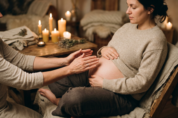 Schwangere Frau im beigen Strickpullover sitzt mit geschlossenen Augen entspannt auf einem Stuhl, während eine zweite Person sanft ihre Hände auf den freigelegten Babybauch legt. Im Hintergrund ein warmtoniges Zimmer mit mehreren brennenden Kerzen und getrockneten Kräutern auf einem Holztisch.