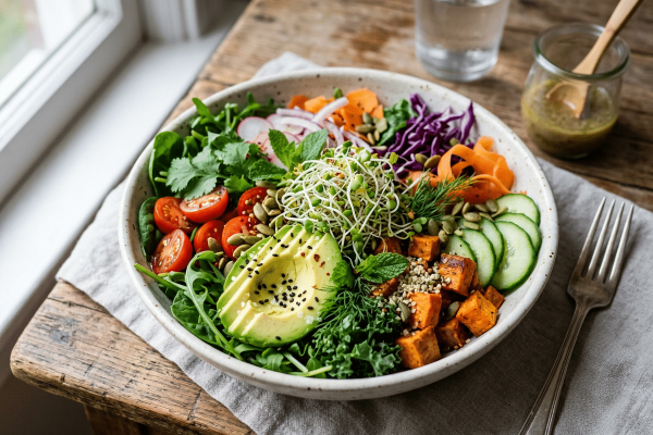 Eine große Keramikschale mit einer bunten Gemüse-Bowl auf einem rustikalen Holztisch – belegt mit Avocado, Kirschtomaten, Süßkartoffelwürfeln, Gurken, Sprossen, Rotkohl, Karotten, Radieschen, Kürbiskernen und frischen Kräutern. Daneben ein Glas Wasser, ein Dressing im Glas und eine Gabel auf einem Leinentuch.