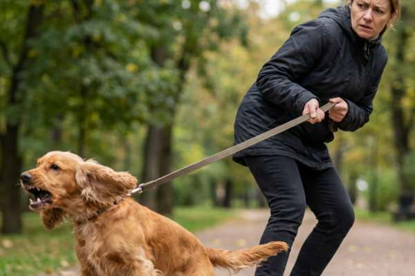 Eine angespannte Frau in schwarzer Jacke und Hose stemmt sich mit beiden Händen gegen die straff gespannte Leine ihres golden-farbenen Cocker Spaniels, der laut bellend und mit gebleckten Zähnen nach vorne zieht. Die Frau wirkt sichtlich überfordert. Im Hintergrund ein herbstlicher Parkweg mit Bäumen und Straßenlaternen.