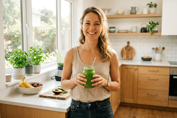 Lächelnde Frau in beigem Tanktop und Jeans hält ein Einmachglas mit grünem Smoothie in einer hellen Holzküche. Im Hintergrund eine Arbeitsplatte mit Avocado, Bananen, Beeren und frischen Kräutern auf der Fensterbank sowie offene Regale mit Küchenutensilien.