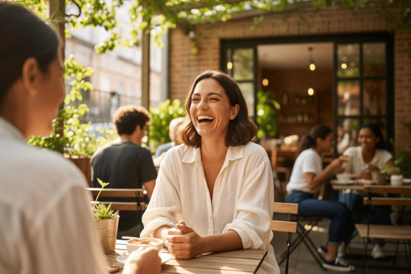 Frau im weißen Leinenhemd lacht herzlich bei einem Gespräch an einem Holztisch auf einer sonnigen Café-Terrasse mit Begrünung und Backsteingebäude. Im Hintergrund weitere Gäste an Tischen im warmen Sonnenlicht.