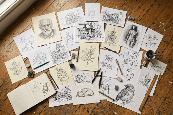 Draufsicht auf einen Holzdielenboden mit etwa 25 Bleistift- und Tuscheskizzen verschiedener Motive: Porträts (älterer Mann, Frauenfigur), Stadtansichten, Blätter, Blüten, eine schlafende Katze, ein Vogel, abstrakte Linien und botanische Studien. Dazwischen verstreut Bleistifte, Fineliner, Radiergummis, Tintenflaschen und ein Skizzenbuch.