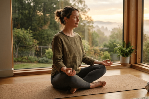 Eine Frau in olivgrünem Leinenoberteil und grauen Leggings meditiert im Schneidersitz auf einer Korkmatte vor einer großen Panoramafensterfront. Die Hände liegen in Chin-Mudra-Haltung auf den Knien. Neben ihr eine Keramiktasse. Im Hintergrund ein stimmungsvoller Sonnenaufgang über nebligen Hügeln und einem Garten.