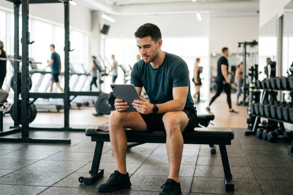 Firefly_A young adult sitting on a gym bench looking at a tablet, workout clothes, bright mod 453821