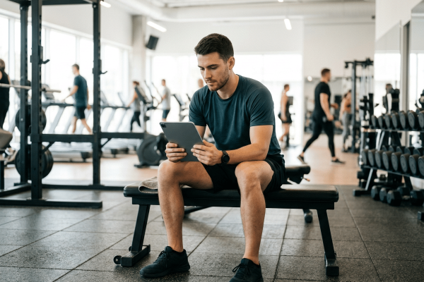 Ein junger Mann in dunklem Sportshirt und Shorts sitzt auf einer Trainingsbank und schaut konzentriert auf ein Tablet. Im Hintergrund ein helles, belebtes Fitnessstudio mit Laufbändern, Kurzhantelregal und mehreren Trainierenden.