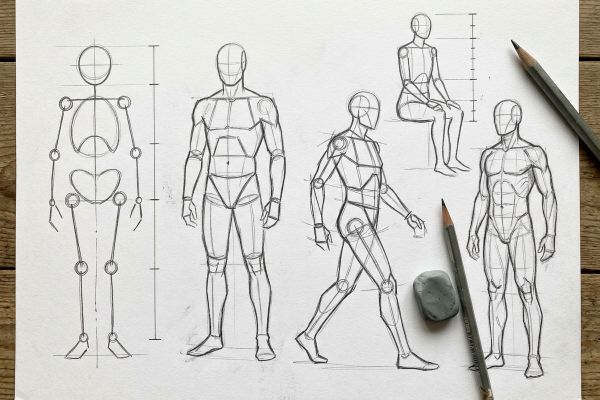 Bleistiftzeichnungen auf weißem Papier auf einem Holztisch zeigen verschiedene Konstruktionsstufen und Posen des menschlichen Körpers: eine Gelenkpuppe mit Proportionsachse, zwei stehende Blockfiguren in Frontalansicht, eine gehende Figur, eine sitzende Figur sowie eine weiter ausgearbeitete Körperzeichnung mit Muskulatur. Daneben zwei Bleistifte und ein Knetradiergummi.
