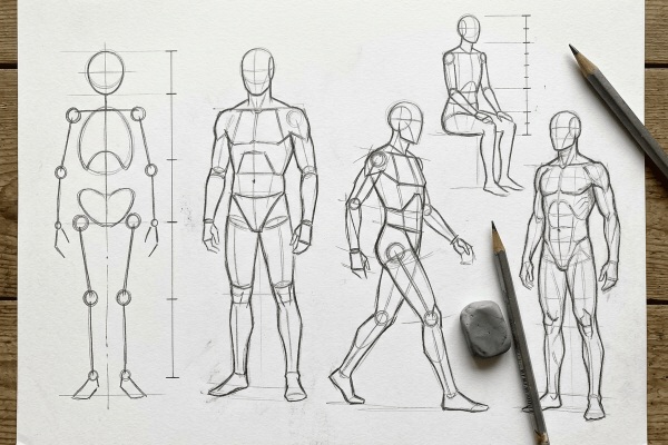 Bleistiftzeichnungen auf weißem Papier auf einem Holztisch zeigen verschiedene Konstruktionsstufen und Posen des menschlichen Körpers: eine Gelenkpuppe mit Proportionsachse, zwei stehende Blockfiguren in Frontalansicht, eine gehende Figur, eine sitzende Figur sowie eine weiter ausgearbeitete Körperzeichnung mit Muskulatur. Daneben zwei Bleistifte und ein Knetradiergummi.