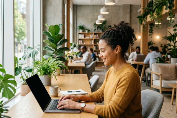 Eine lächelnde junge Frau mit lockigem Haar und gelbem Strickpullover arbeitet konzentriert an einem Laptop an einem Holztisch in einem modernen, pflanzenreichen Co-Working-Space. Neben ihr eine Keramiktasse und ein Notizbuch. Im Hintergrund weitere arbeitende Personen, Bücherregale, hängende Zimmerpflanzen und große Fenster mit Stadtblick.