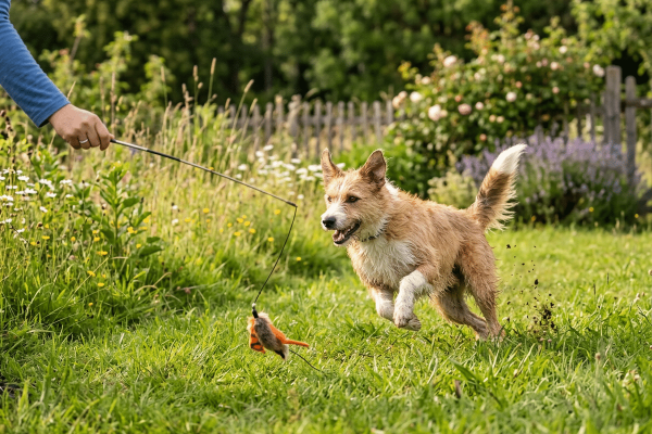 Struppiger braunweißer Mischlingshund jagt mit offenem Maul und erhobenem Schwanz begeistert einem orangefarbenen Federlockspielzeug an einer Rute hinterher, die eine Person am Bildrand hält. Im Hintergrund ein blühender Garten mit Rosen und Lavendel.