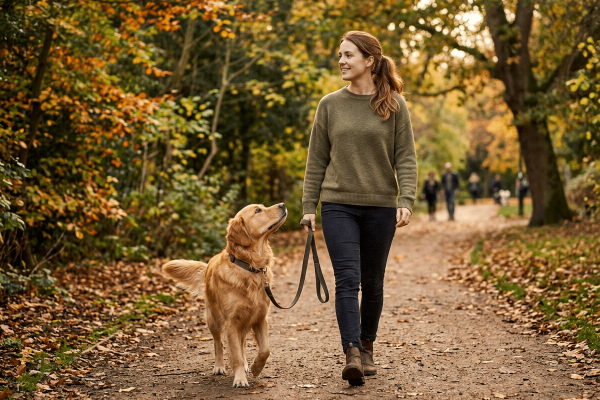 Lächelnde Frau im olivgrünen Pullover und schwarzer Hose geht entspannt mit einem Golden Retriever an lockerer Leine durch einen herbstlichen Laubwald. Der Hund läuft ruhig neben ihr und blickt zu ihr auf. Herbstlich gefärbte Blätter bedecken den Weg, im Hintergrund weitere Spaziergänger.