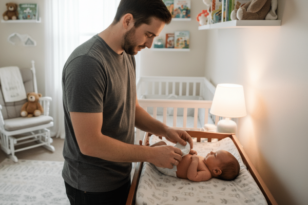 Ein junger Vater im grauen T-Shirt wickelt konzentriert und fürsorglich ein Neugeborenes auf einem Wickeltisch. Im Hintergrund ein gemütliches Babyzimmer mit weißem Gitterbett, Schaukelstuhl, Teddybären und Kinderbüchern auf Wandregalen.