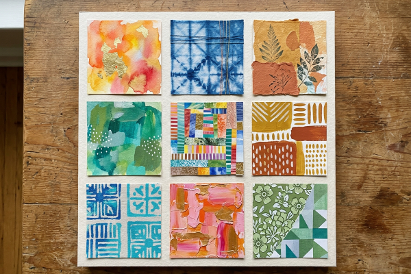 Neun quadratische Felder in 3×3-Raster auf cremefarbenem Karton auf einem Holztisch, jedes in anderer Technik: Aquarell mit Blattgold, Shibori-Stoff, Blattdruck auf Kraftpapier, grüne Acrylstruktur mit Punkten, Streifencollage, abstraktes Muster in Ocker, blaues Druckmuster, strukturierte Acrylschichten in Pink und Orange, sowie grünes Blumen-Quilt-Muster.