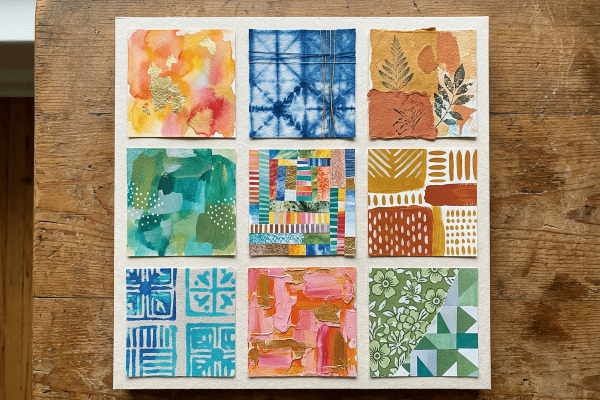 Neun quadratische Felder in 3×3-Raster auf cremefarbenem Karton auf einem Holztisch, jedes in anderer Technik: Aquarell mit Blattgold, Shibori-Stoff, Blattdruck auf Kraftpapier, grüne Acrylstruktur mit Punkten, Streifencollage, abstraktes Muster in Ocker, blaues Druckmuster, strukturierte Acrylschichten in Pink und Orange, sowie grünes Blumen-Quilt-Muster.