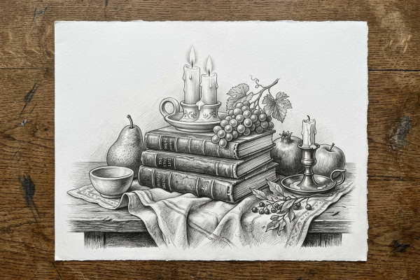 Eine detaillierte, realistische Bleistiftzeichnung eines klassischen Stillebens auf weißem Zeichenpapier, das auf einem rustikalen Holztisch liegt. Das Stillleben zeigt einen Bücherstapel mit zwei brennenden Kerzen im Leuchter, eine Weintraube mit Blättern, eine Birne, einen Apfel, einen Granatapfel, eine kleine Schüssel, einen zweiten Kerzenhalter sowie ein drapiertes Tuch mit Beeren-Zweig.