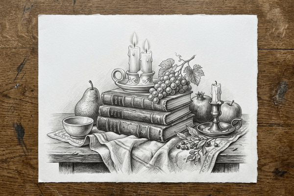 Eine detaillierte, realistische Bleistiftzeichnung eines klassischen Stillebens auf weißem Zeichenpapier, das auf einem rustikalen Holztisch liegt. Das Stillleben zeigt einen Bücherstapel mit zwei brennenden Kerzen im Leuchter, eine Weintraube mit Blättern, eine Birne, einen Apfel, einen Granatapfel, eine kleine Schüssel, einen zweiten Kerzenhalter sowie ein drapiertes Tuch mit Beeren-Zweig.
