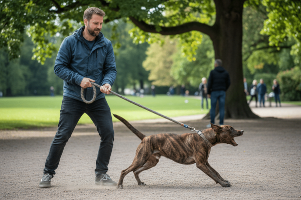 Mann in blauer Jacke und dunkler Jeans stemmt sich mit beiden Händen gegen eine geflochtene Leine, an der ein getigerter Hund mit geöffnetem Maul stark zieht und dabei Kies aufwirbelt. Im Hintergrund ein gepflegter Park mit großen Bäumen und weiteren Spaziergängern.