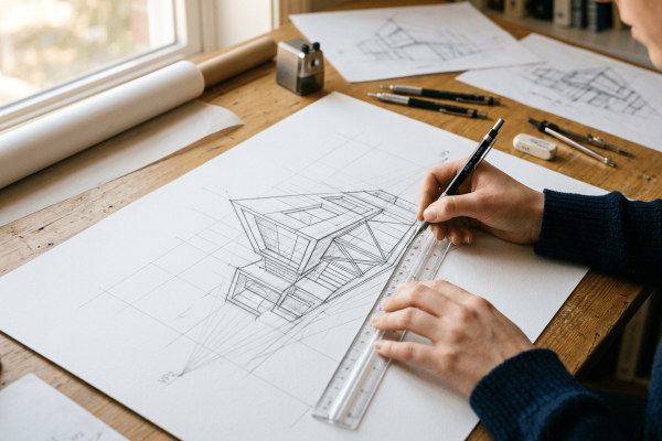Person im blauen Pullover zieht mit Bleistift und Lineal präzise Perspektivlinien einer geometrischen Gebäudeskizze auf weißem Papier. Auf dem Holztisch daneben weitere Skizzenblätter, Druckbleistifte, Zirkel, Radiergummi, Anspitzer und eine Papierrolle.
