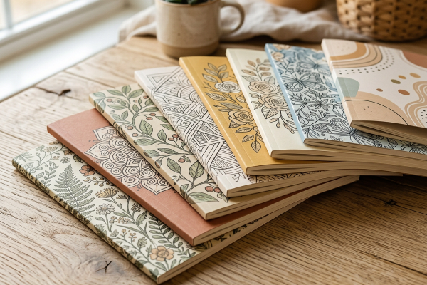 Firefly_Gemini Flash_A small collection of five to seven softcover coloring books stacked and fanned out o 453821