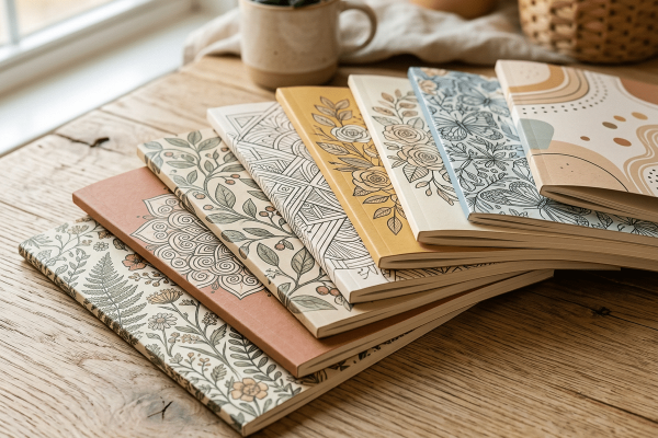 Sechs aufgefächerte Ausmalhefte mit verschiedenen Softcover-Motiven auf einem rustikalen Holztisch – darunter botanische Blumen- und Farnmuster, Mandalas, Rosen und abstrakte Formen in gedeckten Erdtönen wie Terrakotta, Gelb, Hellblau und Creme. Im Hintergrund eine Keramiktasse mit Pflanze und ein Korb am Fenster.