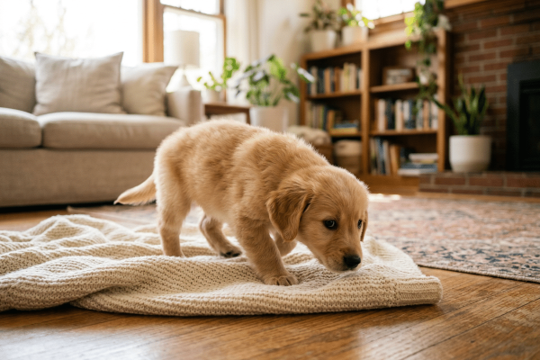 Kleiner Golden-Retriever-Welpe schnüffelt neugierig an einer cremefarbenen Strickdecke auf einem Holzparkett. Im Hintergrund ein helles, gemütliches Wohnzimmer mit Sofa, Bücherregal, Zimmerpflanzen und einem Kamin aus Ziegelstein.