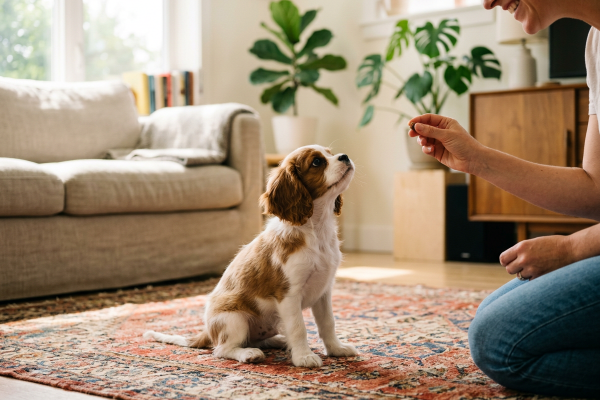 Cavalier-King-Charles-Spaniel-Welpe sitzt aufmerksam auf einem gemusterten Teppich und schaut zu einer lächelnden Frau auf, die ihm ein Leckerchen hinhält. Im Hintergrund ein helles, mit Zimmerpflanzen dekoriertes Wohnzimmer.
