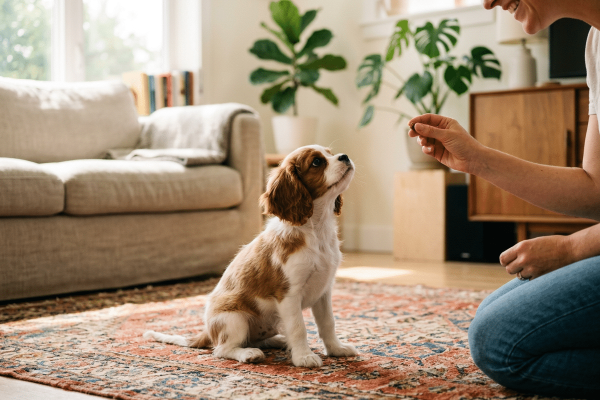 Cavalier-King-Charles-Spaniel-Welpe sitzt aufmerksam auf einem gemusterten Teppich und schaut zu einer lächelnden Frau auf, die ihm ein Leckerchen hinhält. Im Hintergrund ein helles, mit Zimmerpflanzen dekoriertes Wohnzimmer.