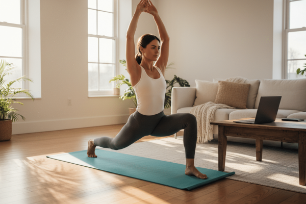Eine Frau in weißem Top und grauen Leggings führt auf einer türkisfarbenen Yogamatte eine Ausfallschritt-Pose mit erhobenen Armen aus. Sie trainiert in einem hellen Wohnzimmer mit Holzboden, Sofa und Zimmerpflanzen – auf einem Couchtisch daneben steht ein geöffnetes Laptop.
