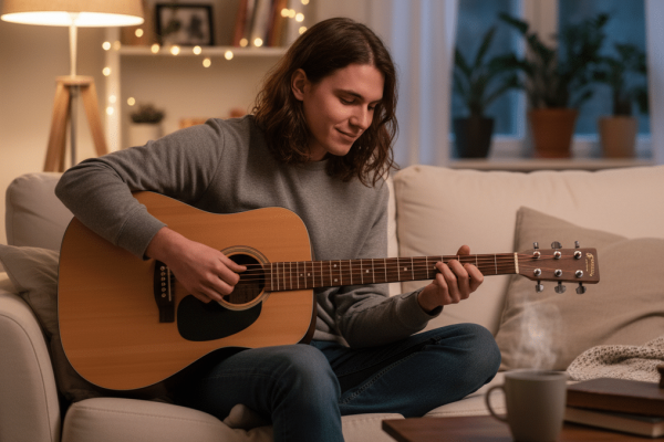 Junger Mensch mit langen braunen Haaren und grauem Pullover sitzt im Schneidersitz auf einem Sofa und spielt konzentriert Westerngitarre. Im Hintergrund ein gemütliches Wohnzimmer mit Stehlampe, Lichterkette, Zimmerpflanzen und Büchern im Abenddämmerlicht.