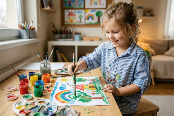Lächelndes Mädchen (ca. 7 Jahre) mit lockigem Haar und farbfleckigem blauen Streifenhemd malt an einem Holztisch ein buntes Bild mit Regenbogen, Haus und Bäumen. Vor ihr bunte Farbtöpfchen, eine Palette und Pinsel. Im Hintergrund weitere Kinderzeichnungen an der Wand und Mal­utensilien.