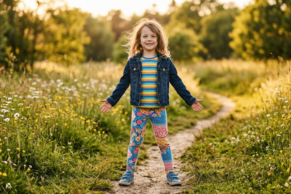 Ein kleines Mädchen in buntem Ringelshirt, Jeansjacke und gemusterten Leggings steht selbstbewusst lächelnd mit leicht ausgebreiteten Armen auf einem Wiesenpfad. Im Hintergrund eine blühende Sommerwiese mit Gänseblümchen und Butterblumen im goldenen Abendlicht.